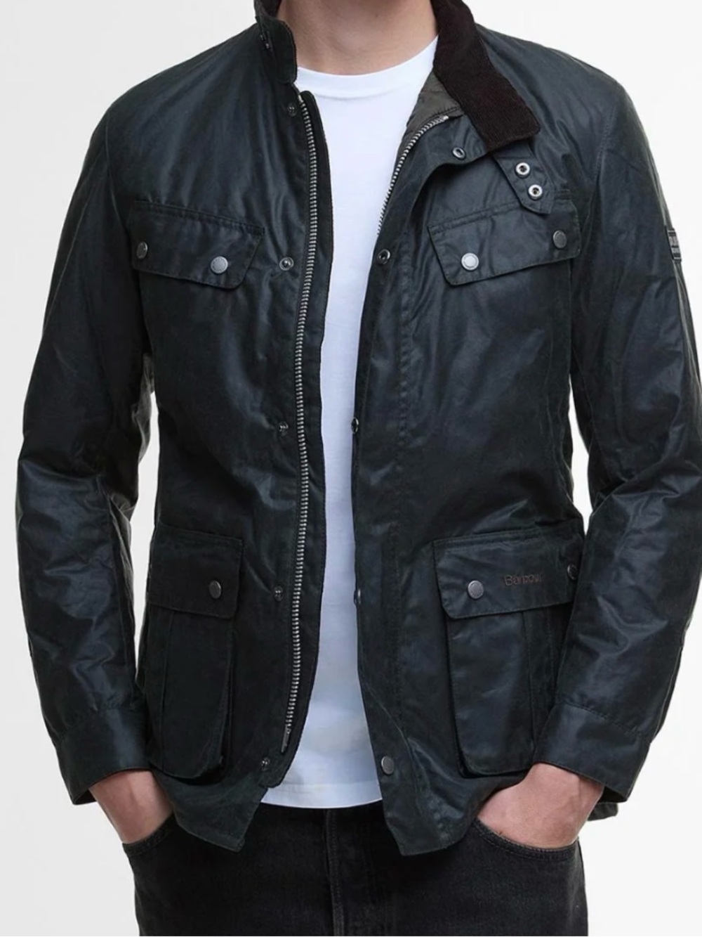 Barbour Black Duke Waxed Cotton Jacket with Cord Collar